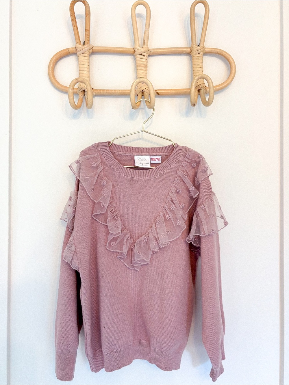 Zara Dusty Rose Ruffle-Trim Knit Sweater